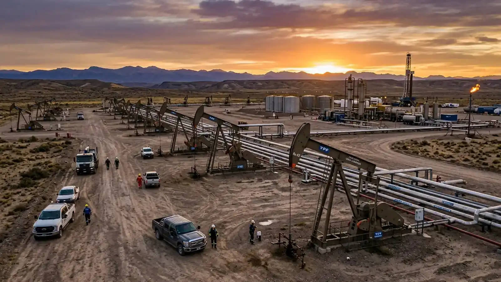 Instalaciones de extracción y bombeo de crudo no convencional en el yacimiento Vaca Muerta, provincia del Neuquén