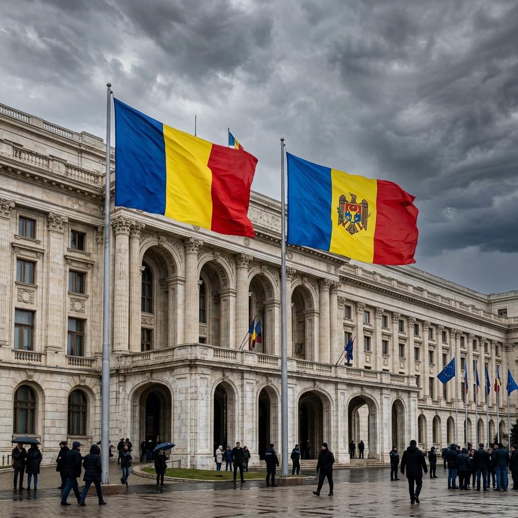 Banderas de Rumania y Moldavia ondeando juntas en una manifestación a favor de la reunificación.